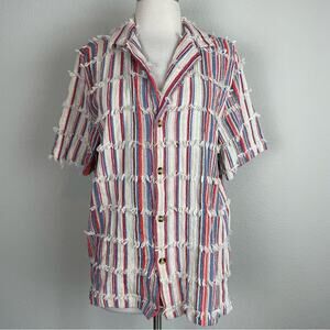 Reclaimed Vintage Tan Red Blue Fringe Stripe Button Top Small